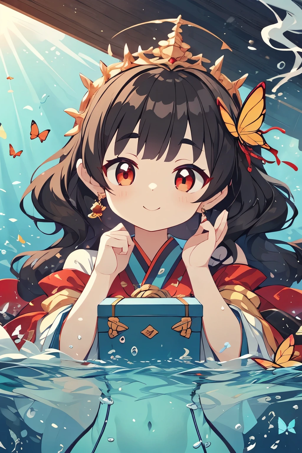 28 years old、Japanese woman、Standard body type、dark haired、long hair、wavy perm、Fluffy Hair、Long face、Dark eyebrows、cheeks are slightly red、Rounded chin 、Hand structure based on perfect anatomy、(holding a small box here with a smile 1:1.ingle butterfly with red string々glossy black box with knots 1:1.6)、(Red Palace in the Bright Undersea with Sunlight Shining 1:1.7)、(1:1.4)target up、C-cup bust、wearing a silk pale blue celestial maiden coat、smoke coming out of the box、Hand delivery、A thrilling expression、in the beautiful sea、(Beautiful and cute fish are swimming 1:1.6】