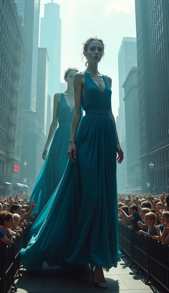 A tall women towering over a crowd