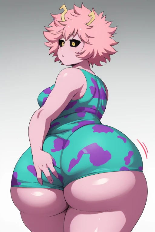 Mina ashido, big cleavage, bikini, barefoot, full body, big bust, kneeling, eye contact, looking at viewer, seductive grin, back view