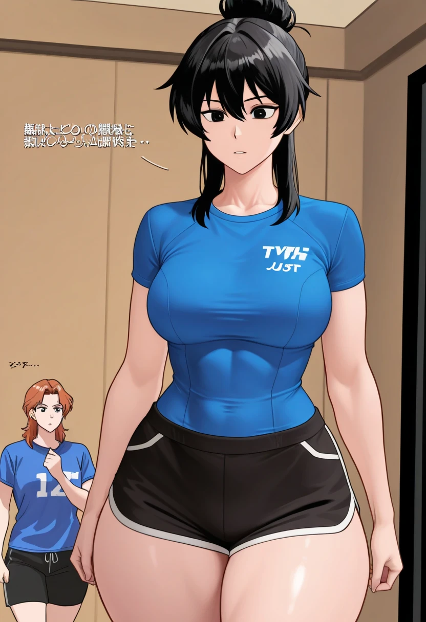 A beautiful girl with short hair, boyish features, big breasts and beautiful legs is standing by the pool in a bright pink high-cut swimsuit with the arena logo and lettering, with her legs spread to the sides, blushing and her mouth open.。A middle-aged male teacher is looking at a beautiful woman。