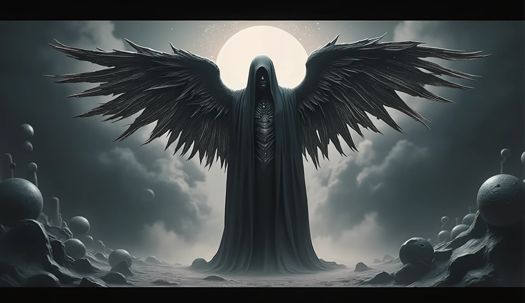 Abstract Grim Reaper, full body, at a distance, beautiful, ethereal lighting, large abstract wings, detailed, full body, high detail, masterpiece.