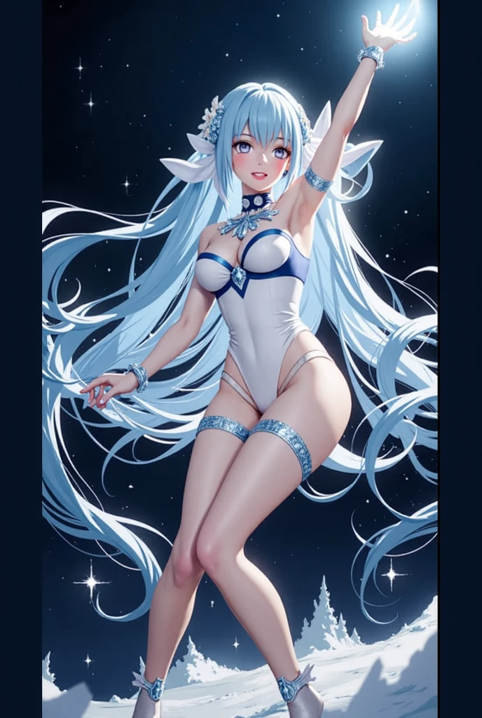 Super Idol a beauty girl A charming smile sky blue hair length hair Twin-tailed Glittery bright pink and white and blue and yellow leotards facing front Mystical Fantasia constellation a moon Crystal Brilliance Aurora Borealis in the Night Sky Large in the center