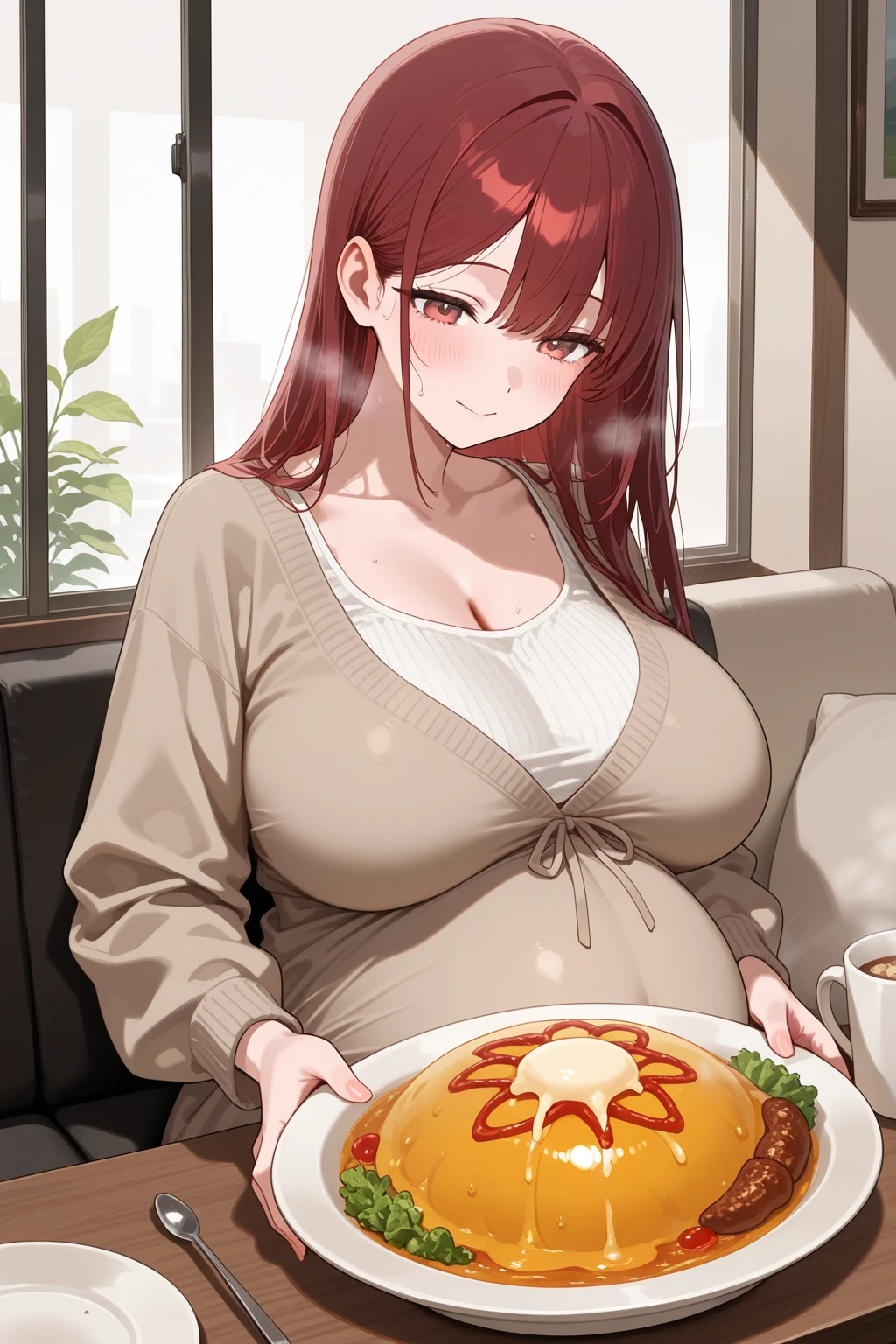 make that brownhaired girl fatter than 60kg while she eat