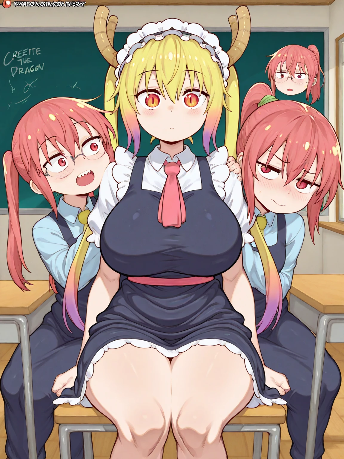 ((masterpiece)),(best quality),official art,extremely detailed CG,unity 8k wallpaper,ultra detailed,beautiful detailed eyes,extremely detailed face,classroom,1girl,solo,upper body,(portrait:1.5),looking at viewer,facing viewer,sleepy,half-closed eyes,deadpan,ahoge,very_long_hair,blonde_hair,messy_hair,sidelocks,purple_eyes,pink_hoodie,red_bowtie,collared_shirt,white_shirt,small_breasts,red_skirt,pleated_skirt,plaid_skirt,black_socks,uwabaki, coke-bottle_glasses, standing, smile, shy, blush, solo, 1girl, SSBBW Gabriel Tenma White, big cheeks, ssbbw, severely obese, 600lbs obese female, no pupils, ultra detailed, masterpiece, best quality, aesthetic, detailed, Fluffy and Fat Face, Big Butt, Big Cheeks, Obese Body, Sexy, Obese Girl, Happy, Cute Expression, Very Hot, bbwchan, nsfw art, manhwa, oppai proportions, she has a jiggly fat round belly, body swelling about to explode, thicc, with a large breasts, doujin, very thick thighs, obese arms, obese belly, big cheeks, Slob body, orgasm, erotic smile, Beautiful nipples, pussy, Sexy posture, ahegao