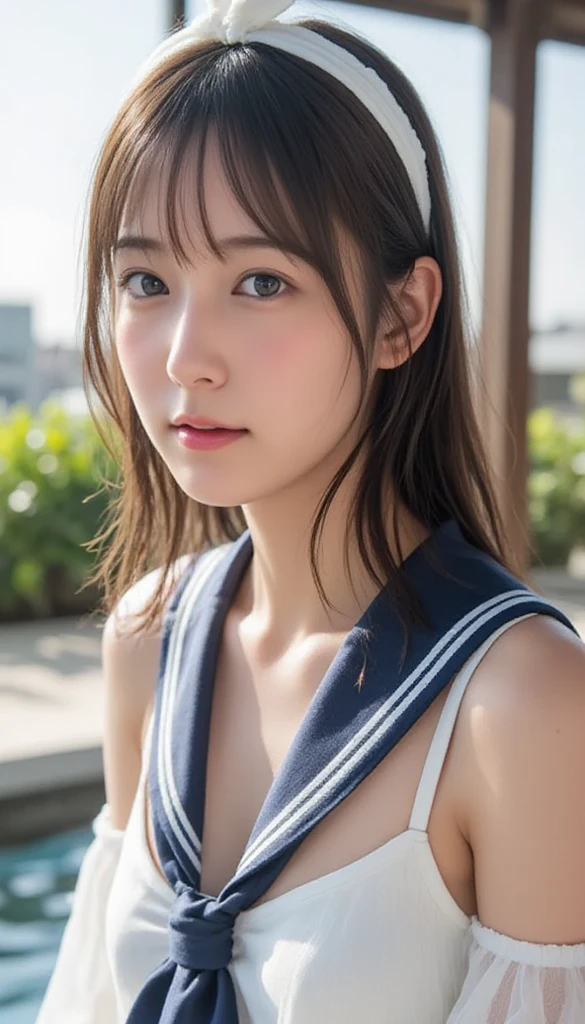 beautiful girl, 14 years old, (Highest quality:1.4), (Very detailed), (Very detailed美しい顔), sit, avert your eyes, smile, School uniforms, Short-sleeved sailor suit, Great face and eyes, iris, Medium Hair, The Beauty of Japan, (Skinny body type:1.3), (Flat Chest:1.3), Smooth, Very detailed CG synthesis 8k wallpaper, High-resolution RAW color photos, Professional photography, Light, BackLight, dream-like, impressive, Written boundary depth, Washroom, (Shooting from below:1.5)