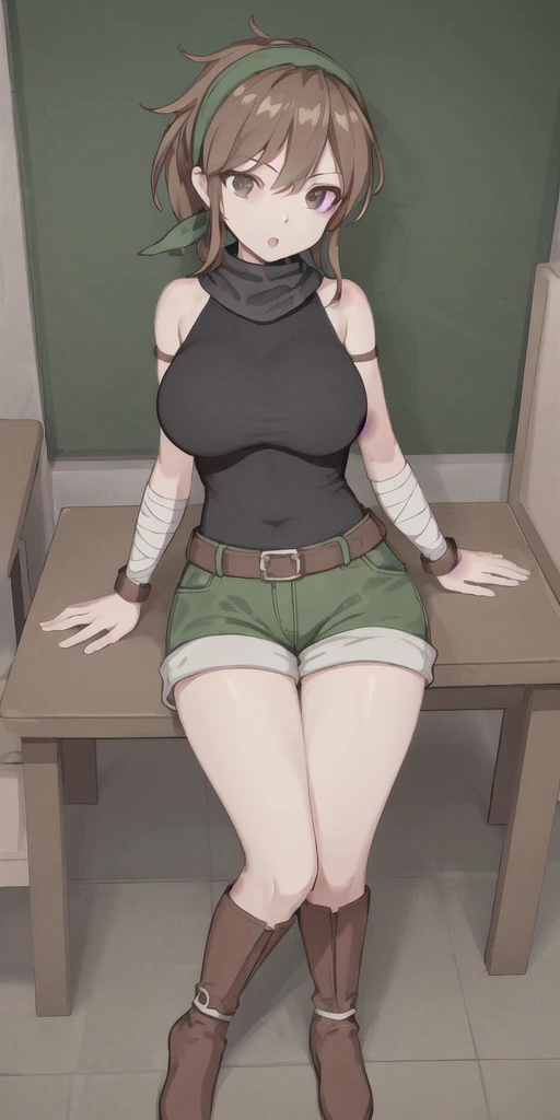 ( masterpiece ) , ( highly detailed ) , (beat quality) , ( perfect face ) , (fubuki) , green eyes , wearing highly printed red t-shirt and blue shorts , in garden arms bound behind back with rope