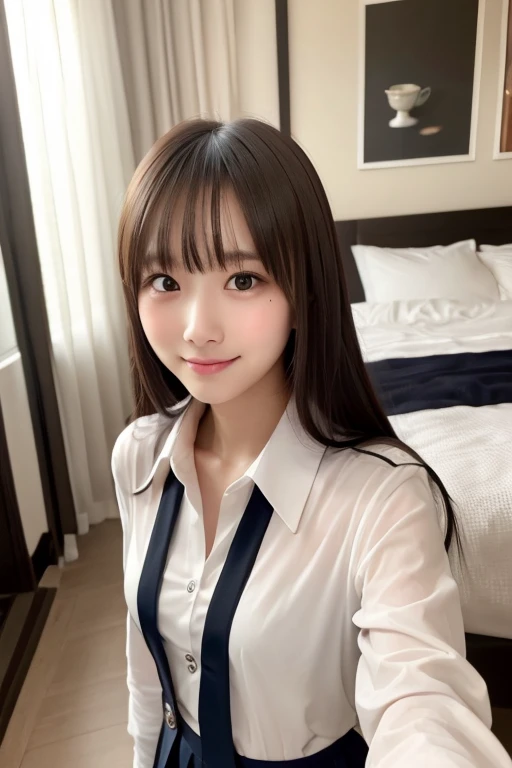 highest quality, masterpiece, (Realistic:1.4), 1 Girl, A light smile, Collared shirt, Upper Body, Dramatic lighting, From below