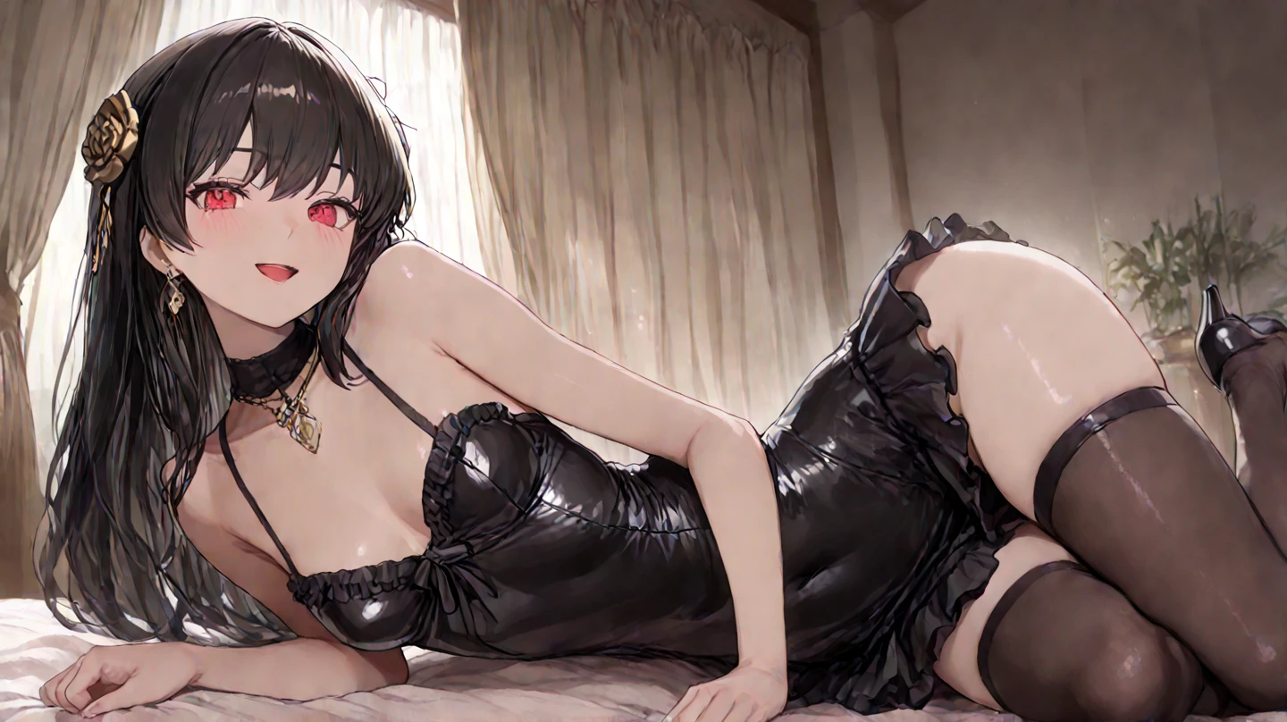 izumi_nase, short hair, black hair, purple eyes, jewelry, necklace, 1girl, breasts, dress, thighhighs, large_breasts, thighs, black_legwear, gloves, solo, cleavage, mole, looking_at_viewer, black_dress, sitting, china_dress, legs, high_heels, black_gloves, elbow_gloves, thigh_strap, petals, bed, bedroom, "glow effects, godrays, Hand drawn, render, 8k, octane render, cinema 4d, blender, dark, atmospheric 4k ultra detailed, cinematic, Sharp focus, big depth of field, Masterpiece, colors, 3d octane render, 4k, concept art, trending on artstation, hyperrealistic, Vivid colors, extremely detailed CG unity 8k wallpaper, trending on CGSociety, Intricate, High Detail, dramatic", (shaded face:1.2), hollow eyes, purple eyes, looking at viewer, (heavy breathing:1.2), expressionless, lips, glowing eyes, nsfw