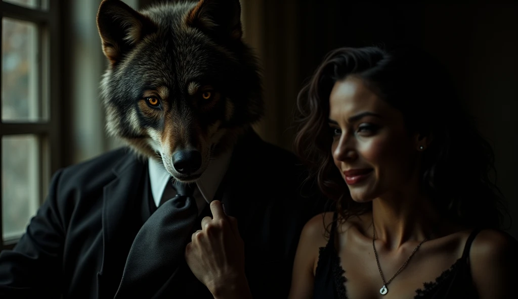 Wolf dressed in a suit hugging a Latina woman, 19 years, with huge breasts, Nice smile, she in black lingerie, she looking at the camera, Photo studio, realist, ultra realist