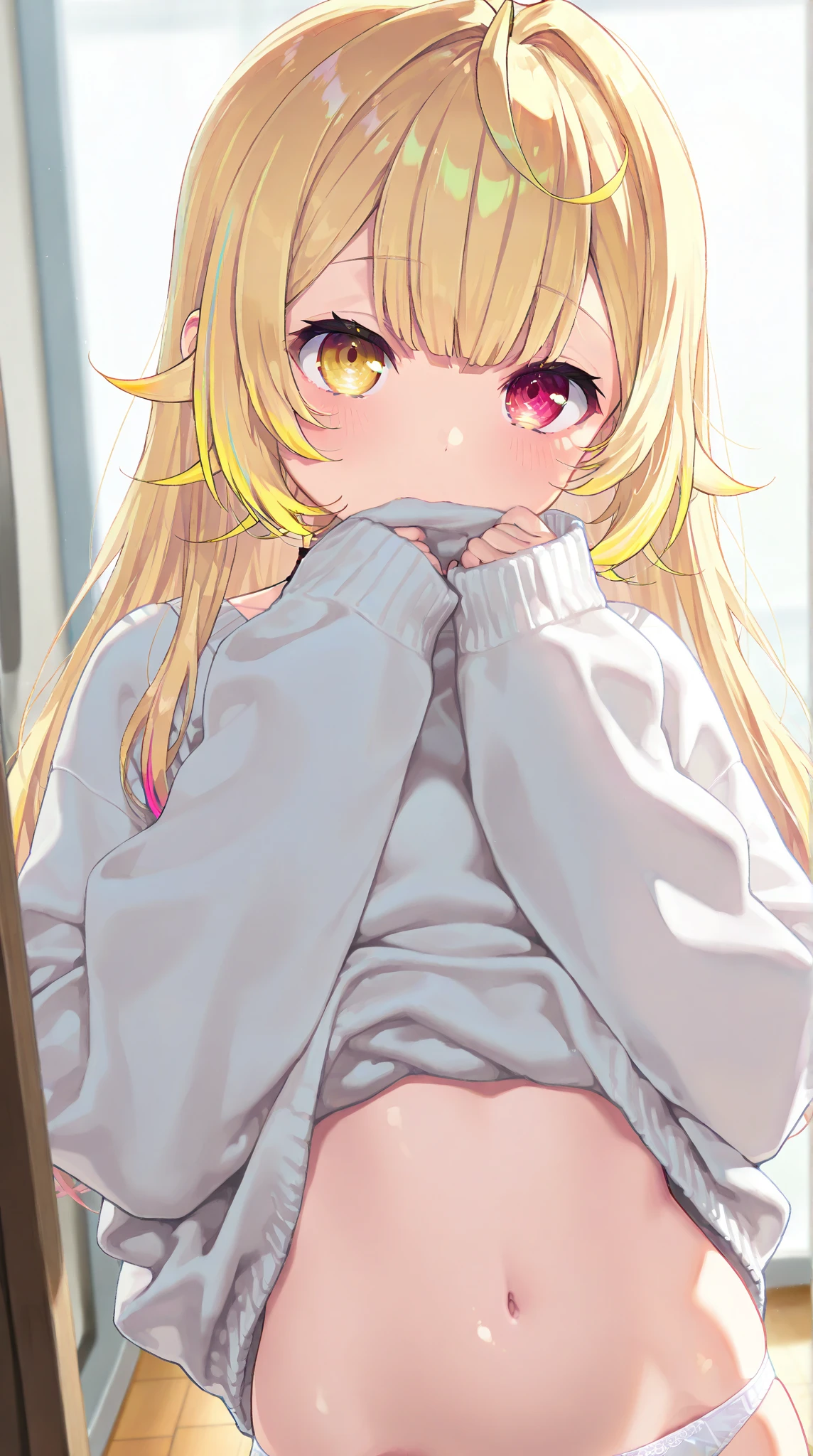 1girl (masterpiece) (Best quality)(shiny hair)(shiny skin), Ruby Hoshino, 1 girl, Solo, Ruby Hoshino, Symbol-shaped pupil, (Left star-shaped pupil:1.5), (Red eye, left star:1.5), Symbolic eye, Long hair, Blonde hair, Bangs, Blushing, (Side ponytail:1.1), baggy clothes, side tie panties, barefoot, thighs, Girls in shirts only, baggy shirts,