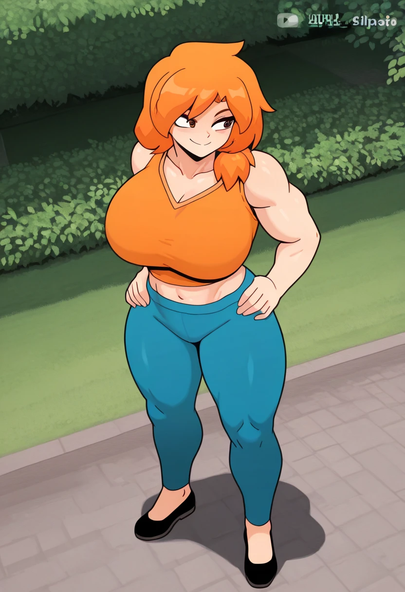 (masterpiece, highest quality:1.2), (half-body-shot (cowboy shot):1.3), solo, 1girl, 45-year-old, mature female, milf, milf-figure, pale, long red hair, (green eyes:1.2), (Wearing: blue tank-top, shiny black leggings, sneakers:1.2), ,expressionless, sexy, very beautiful face, curvy, chubby, (wide figure, milf figure:1.2), fat rolls, belly rolls, soft, blue tank-top, leggings, muffin top, big deep navel, tight out, love handles, wide hips, curvy, thunder thighs