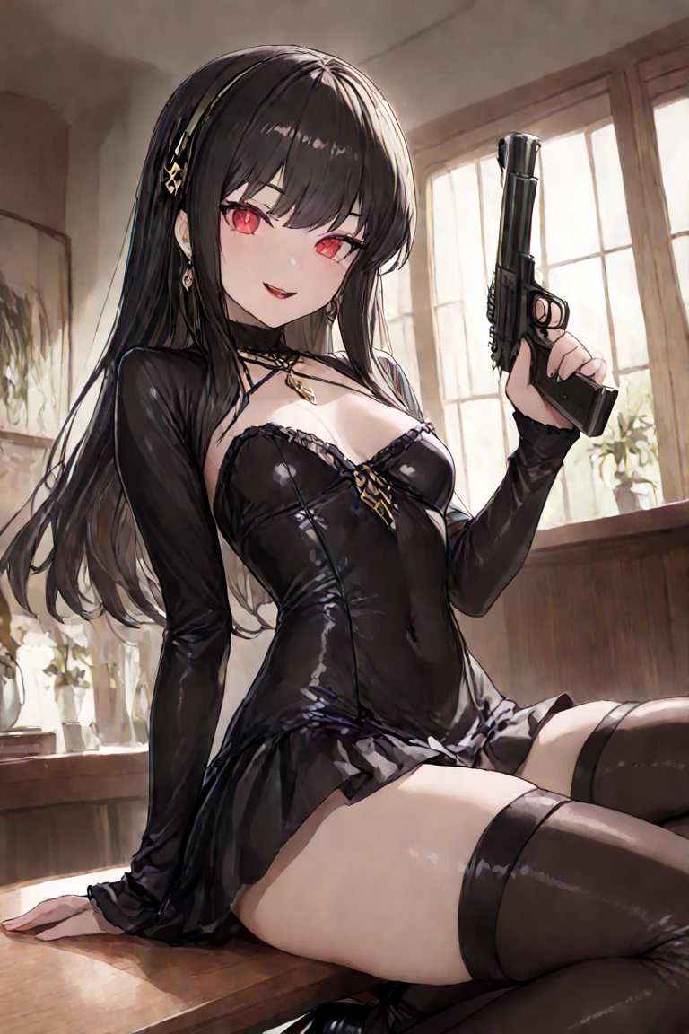1 girl,open leg,sit down, with gun