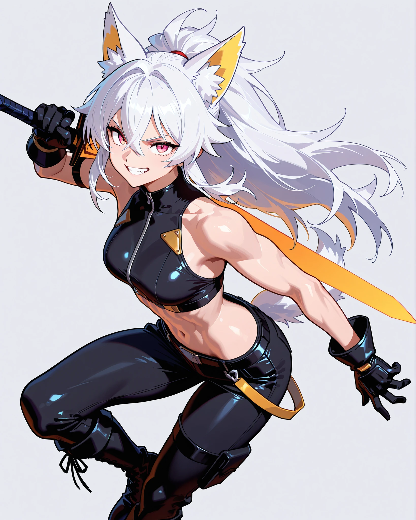 asaricurrry, anime style, anime coloring, cowboy shot, 1girl, looking at viewer, smile, closed mouth, red skin, colored skin, demon girl, oni, horns, oni horns, orange and yellow eyes, pointy ears, hair between eyes, white hair, bangs, long hair, scar, scar on face, scar on cheek, cleavage, cleavage cutout, fishnets, gloves, single glove, black pants, see-through, sleeveless, sidelocks, solo, sports bra, caution tape, striped background