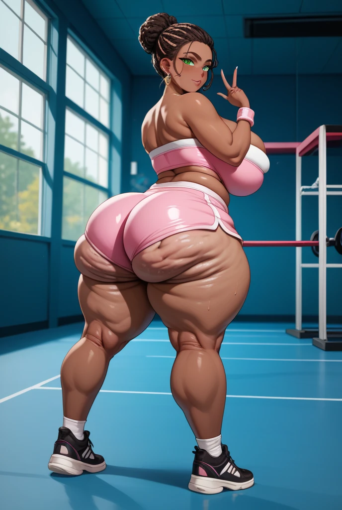 Elephant girl, furry, strong-fat, sumo, ((ssbbw)), ((morbidly obese)), ((ridiculously gigantic thighs)), ((ridiculously gigantic hips)), ((giantess)), biceps, ((ridiculously enormous belly)), grey skin, long blonde hair, seductive expression, ((tall)), looking down at viewer, looming, very short perspective, sweaty, ((elephant trunk)), gym clothes, hanging belly, gym, working out, lifting barbell, muscular arms, ((ridiculously gigantic breasts))