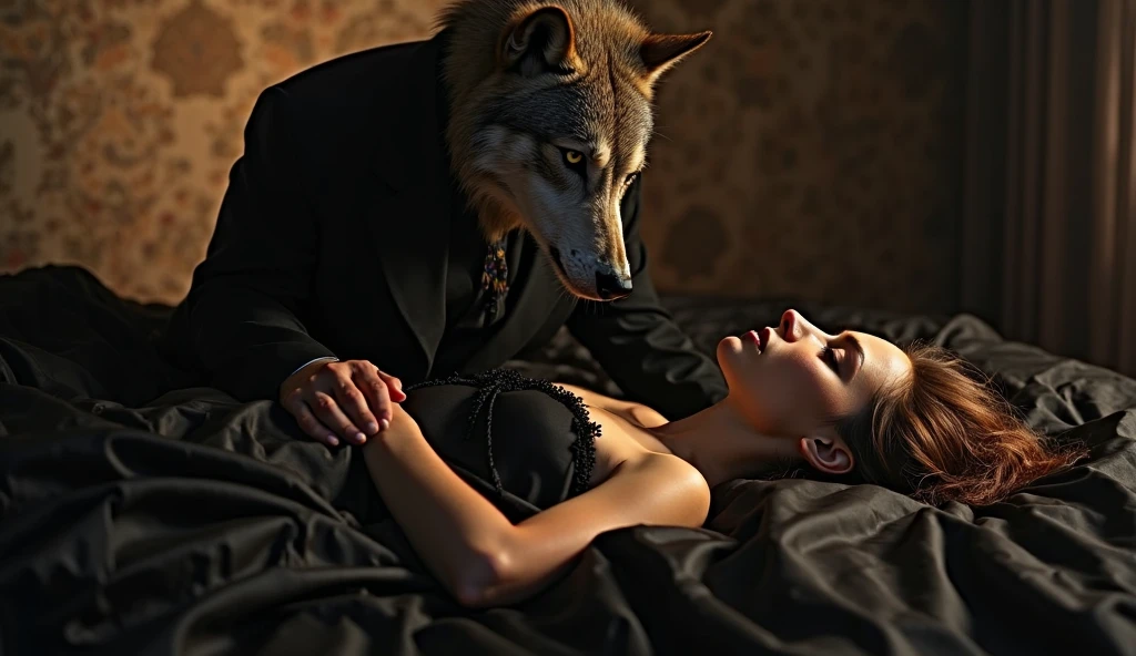 Wolf dressed in suit hugging beautiful big breasted woman in lingerie