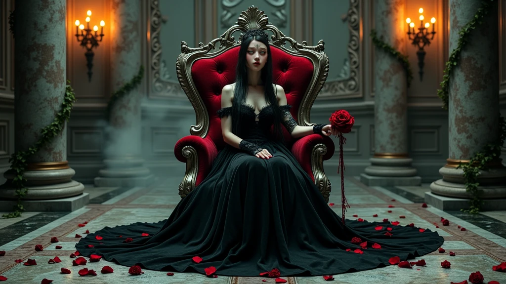 Gothic woman sitting on a throne with a candle and some candelabras, Sitting on a complicated throne, Sitting on the throne, sitting on her throne, Sitting on an ornate throne, 足を組んでSitting on the throne, Beautiful Vampire Queen, on her throne, Sitting on the throne, 金属製のSitting on the throne, Sitting on the throne, Dark Goth Queen, Queen of Goth, Stylish Dark Witch、Too cute girl, Cute Japanese Girl, Girl images, A ite girl with a curvaceous figure, Realな, Babapanese beautiful girl, (Photorealistic photography: 1. 4), Shot with Canon 5D MK4, Shot with Canon EOS 5D Mark IV, Shot with Canon EOA 6D Mark II, Her face and skin texture are incredibly detailed, Narrow eyes, double eyelid, (8k, Highest quality, masterpiece: 1.2), ( Real, フォトReal: 1.37), Super Detail, Incense is burning and the smoke is coming out.
