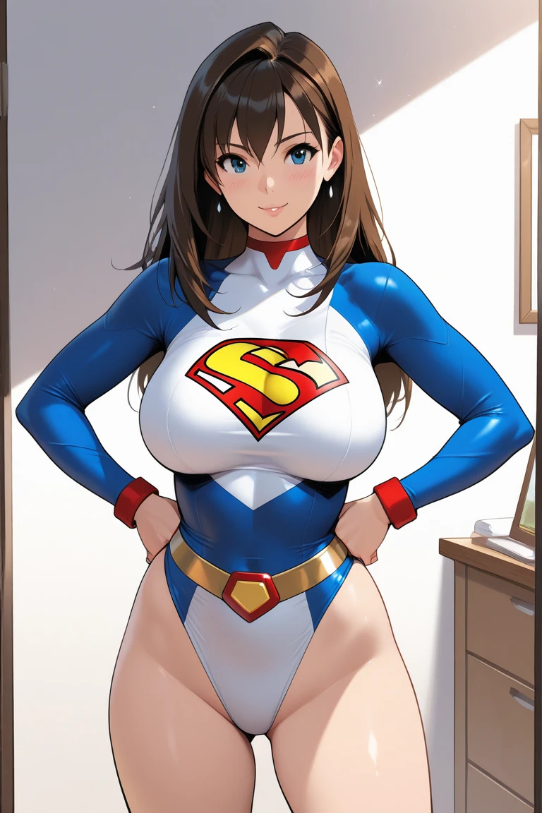 horikoshi kouhei, 1girl, uraraka ochako, dc comics wonder woman, powerful, absurdres, bangs, black bodysuit, blush, bodysuit, boku no hero academia, boots, breasts, brown eyes, brown hair, clenched hands, commentary request, eyelashes, full body, grin, highres, looking down, medium breasts, medium hair, skin tight, smile, solo, teeth, white footwear

<lora:horikoshi_kouhei-000030:0.5>