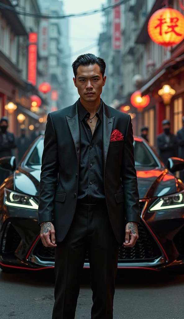 Create a south korean guy with pacific tattoos on his arm and is standing beside a pergasus lambogini and has red dyed hair and its raining as well.