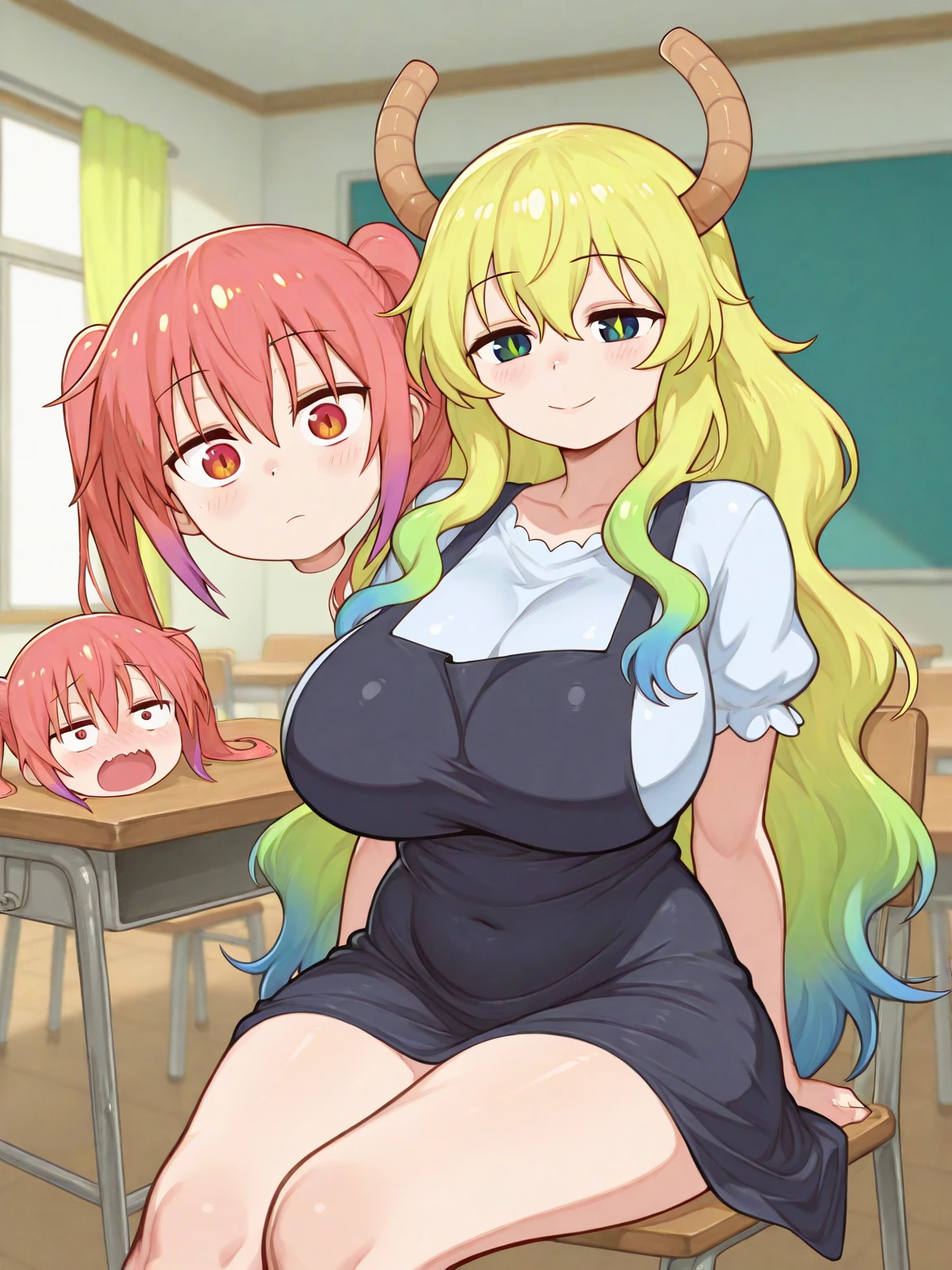 score_9, score_8_up, score_7_up, score_6_up, score_5_up, score_4_up, (source_anime), 2girls,Kobayashi-san Chi no Maid Dragon, (Kanna Kamui, horns, short hair, ??? , small breasts, {1futa}, {massive penis}), (lucoa, long hair, massive breasts, Inverted nipples), yuri, age difference, giant size difference, pussy, far, full body, sex, Penetration, On all fours, forced, rape