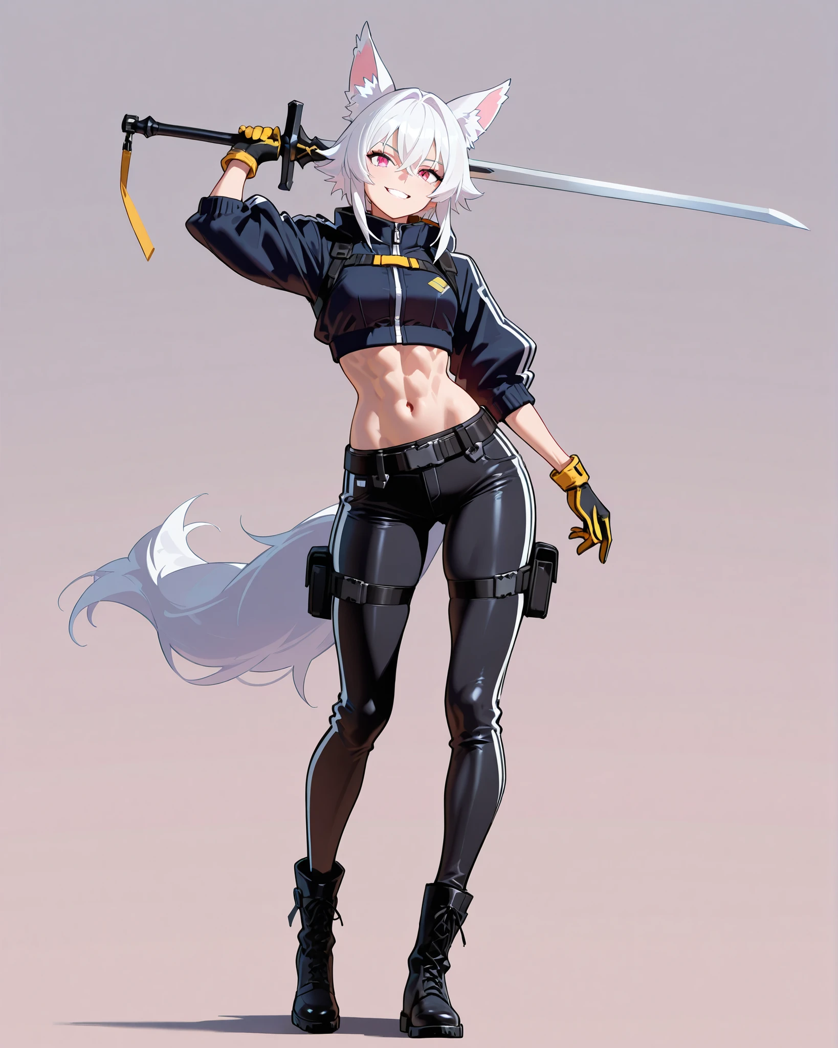 Highest quality, masterpiece, Ultra-high resolution, One Mature Woman,human,Leather jacket with embroidered wolf cartoon,hot pants,Fishnet tights,sneakers,Carrying a bloody bat,Crazy smile,Chopper Bike,Earrings,Harlake Inn,Midriff look,Small breasts
