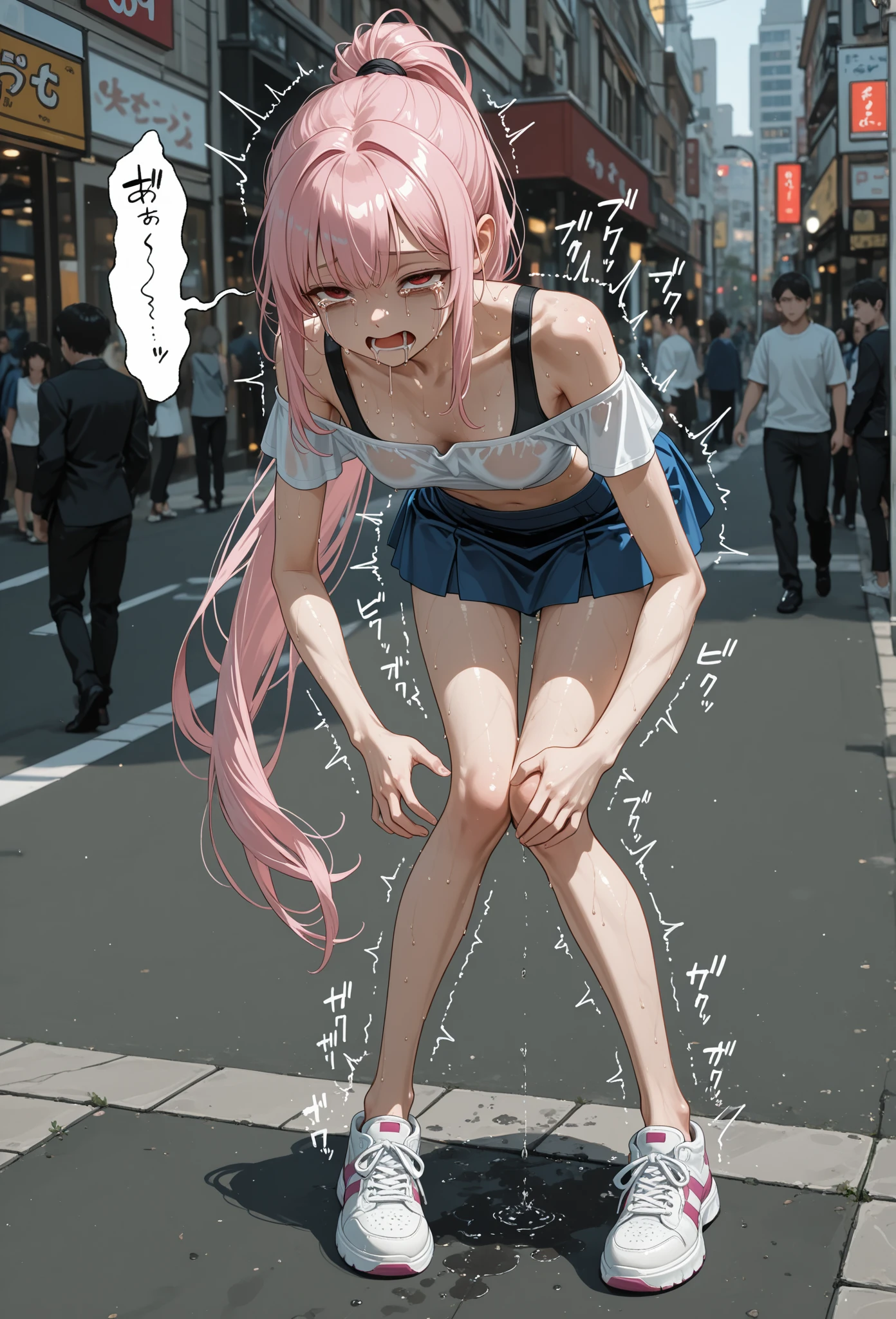 masterpiece, best quality, 1girl, 2 men, elaina_(majo_no_tabitabi), silver hair, purple eyes, messy long hair, naked, nude, cumstain on boobs, boobs, breast, vagina, girl crying, in public place, embarrassed girl, on a public stage, being watched, intercourse, raped by men, penis inserted, penis, fucked by men, forced intercourse, full body, photorealistic.