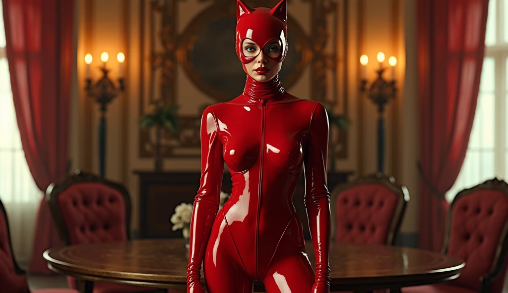 From behind, hyperrealism, (photorealistic:1.2), (film grain:1.3), masterpiece, best quality, perfect detail, cinematic lighting, professional photo, realistic photo, raw photo, charming young girl, fitness figure, red latex suit, latex mask , standing in a torture room, BDSM style, red room, sex toys around, gothic lighting