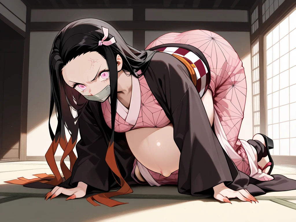 score_9, score_8_up, score_7_up, score_6_up, score_5_up, score_4_up,perfect hands, (1girl,solo),Fushikawa Kokoro, black hair, double bun, blunt bangs, twintails, pink eyes,pink kimono, obi,(flat chest:0.8),(slim legs),curvy,(blush:0.5),(scared:1.1),(disgust:0.8),(crying:1.4),japanese-style room, rating_explicit, uncensored, (looking at the boy),lying,small areola,(trembling:1),(turn pale:0.7),(torn clothes:1.4),(3boy),(gangbang),(penis on pussy), grabing arm,cum on face,cum on cloth,cum on hair,cum on body,one eye half closed,(teeth:0.5)