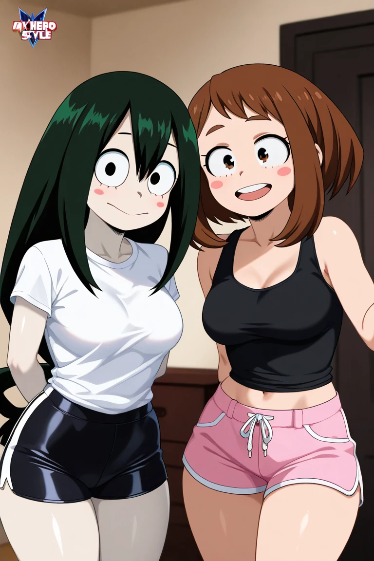 ,(masterpiece, best quality), asui_tsuyu, black eyes, hair rings, low-tied long hair, tongue, tongue out, naked, thigh high stockings, Long Red and White Striped Stockings, high heels, black heels, precise hands, long tongue,Curvy, thick, big breast, big ass, busty, voluptuous, big thighs, small waist, hourglass, bimbo, milf, large , large ass, sex,lesbian sex, standing on one leg,standing split,leg hold,leg lift