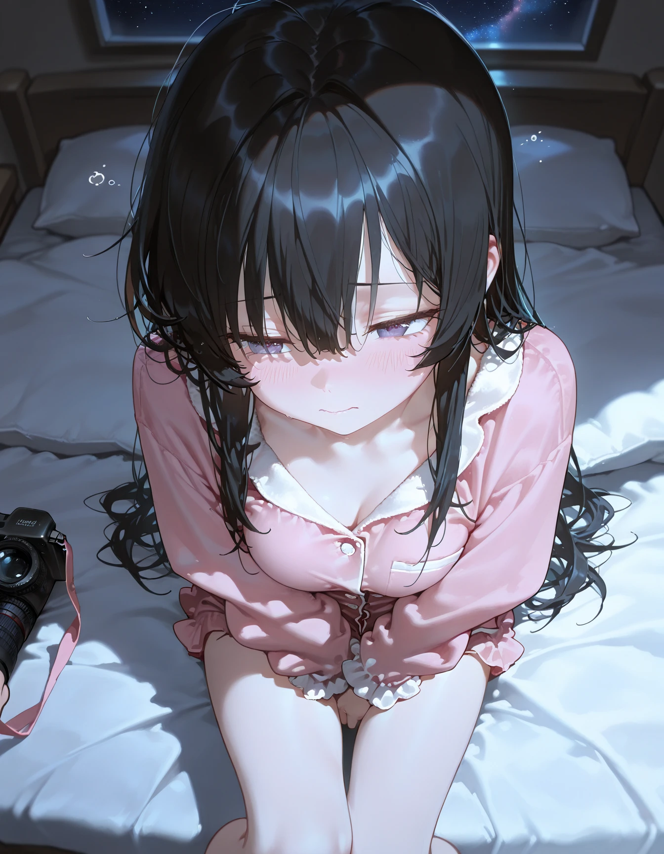 handjob,lick,open mouth,tongue out,cum on tongue,front face,from front,front view,looking at viewer, looking ahead,from above,cowboy shot,1girl,Beautiful girl at 13 years old,Japanese,Slender,,low length,Small breasts,Thin legs,Small Ass,Baby Face,Small face,Black Hair,two side up,Black blindfold,blindfold,middle School girls,A see-through black and light blue negligee,lingerie,first round,Kneeling,Straight Stand,Beautiful and detailed anime art,Desire expression,crave,Sexy vibe,Dimly lit room,On the bed,Simple Background,Gray background,Low lighting,