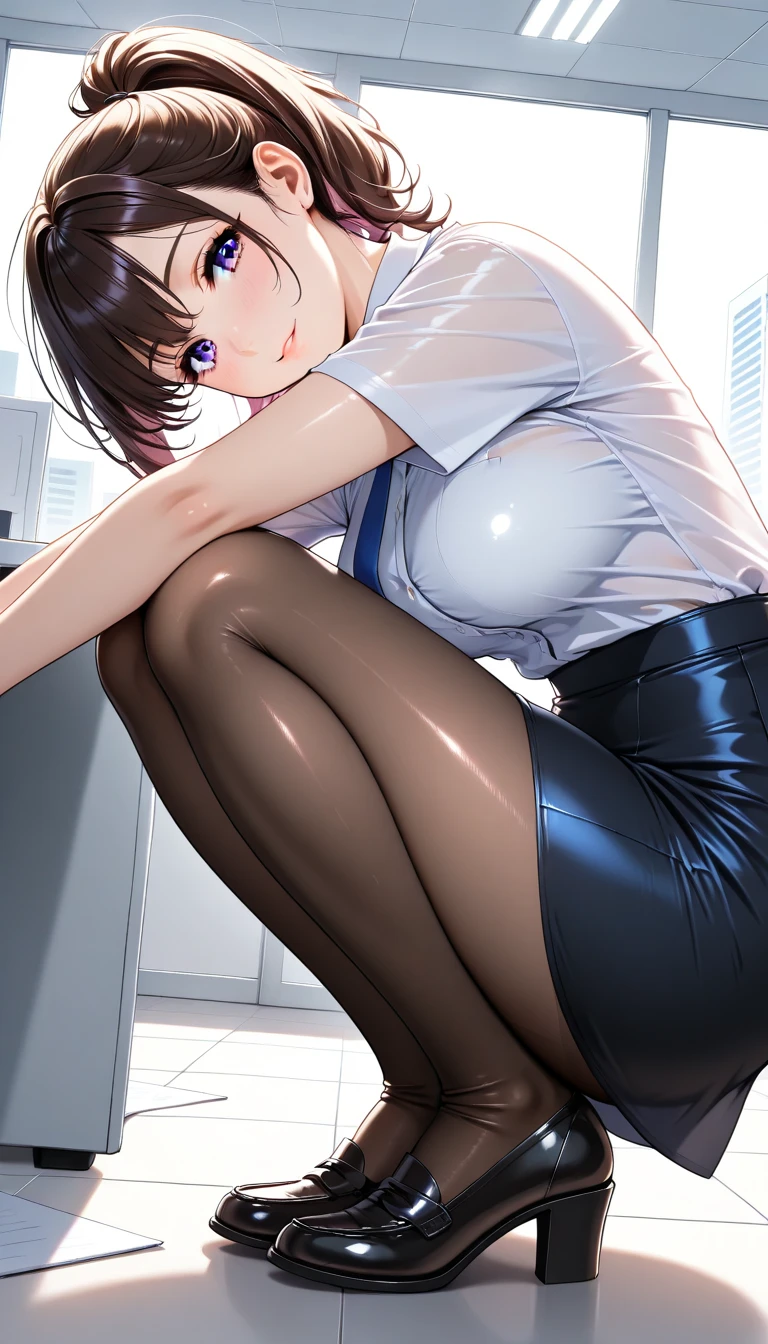 1 flight attendant, solo, , White high heels, White transparent skinny shirt, white mini-skirt, tmasterpiece, Best quality at best, realisticlying, ultra - detailed, (shiny skins, perspired:1.4), absurderes, looking at viewert, with short black hair, with brown eye,Slender,Dynamic light and shadow,A high resolution,Sharp focus,depth of fields,The eyes are delicate,Sharp pupils,pupil realistic,(Rounded chest),(Long legs:1.4),Planes,squatting pose,black pantyhoses,cleanness,stocklinglackstockings,cropped shoulders,Toes,