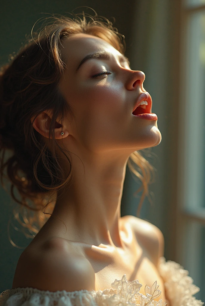 cinematic photo a 21yo woman, wearing a pink lace bra,tiny tits,Light Brown French Braid hair, closed eyes, open mouth, kneeling In the Art Gallery, ((head thrown in back)) . 35mm photograph, film, bokeh, professional, 4k, highly detailed