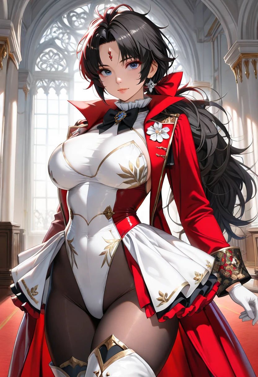 (Masterpiece, side-lighting, fine detailed beautiful eyes: 1.2), luscious skin,((Solo)),(Scarlet eyes),Hanging eye corners,(highdetailskin),(perfect bodies),A beautiful steampunk girl,little breast,((Uniforms that include a small bust blazer)),(Satin collar),(Short gloves are as short as half the palm of your hand),lacepantyhose,high-waist pants