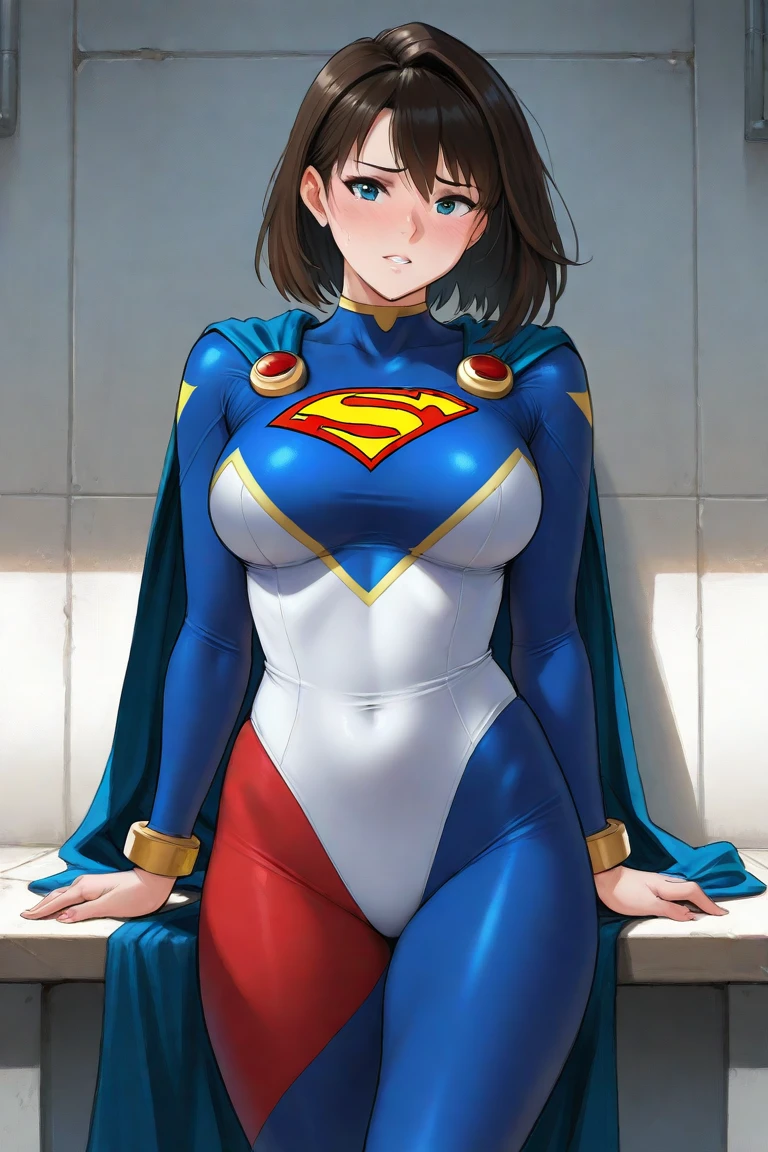 score_9_up, score_8_up, score_7_up, 1girl, solo, source_anime, hourglass figure, Big breasts, kemonomimi, bear ears, brown hair, short hair, messy_hair, closed eyes BREAK freckles, (cosplay), super girl cosplay, super hero, white bodysuit, cleavage cutout, red cape, blue gloves, blue boots, brave smile, closed mouth, standing, looking at viewer, outdoors, urban area, daytime