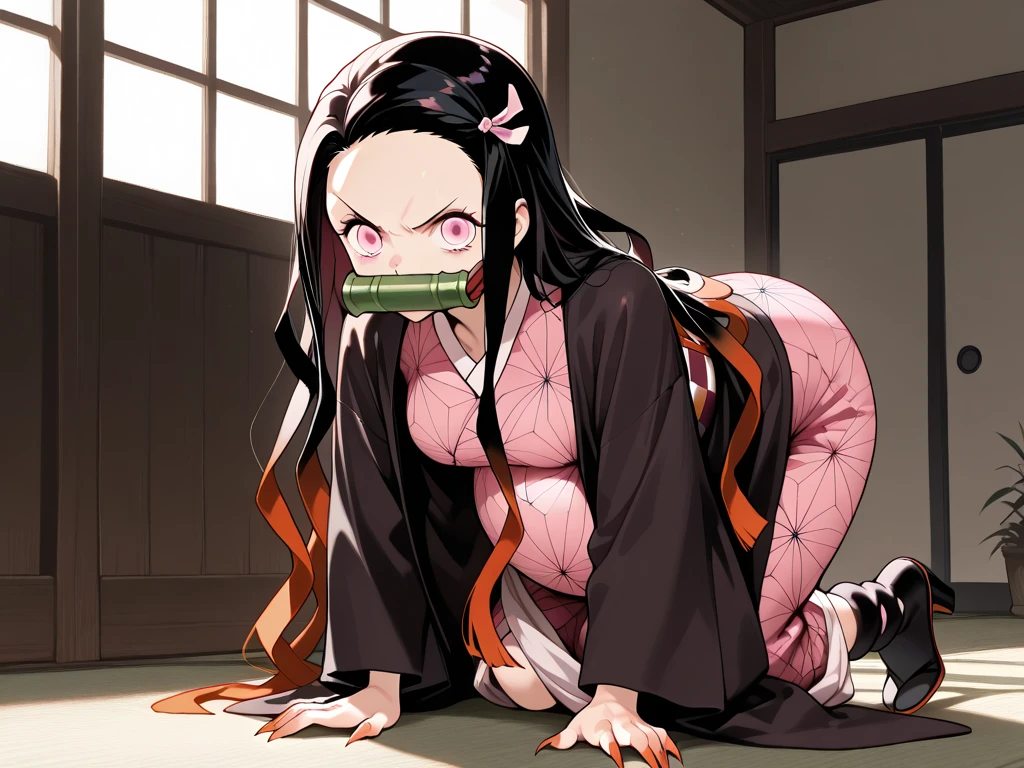 1 woman, full body, nezuko kamado oni mode, with bamboo in her mouth, demon slayer, beautiful, long hair, pink eyes, perfect, ultra hd, naked, showing her breasts, showing her pussy, nails like claws, perfect feet, demon slayer scenario