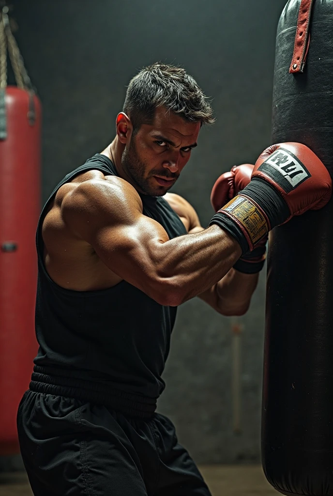 Create an image of a man hitting a punching bag seen from a distance and with a nostalgic tone