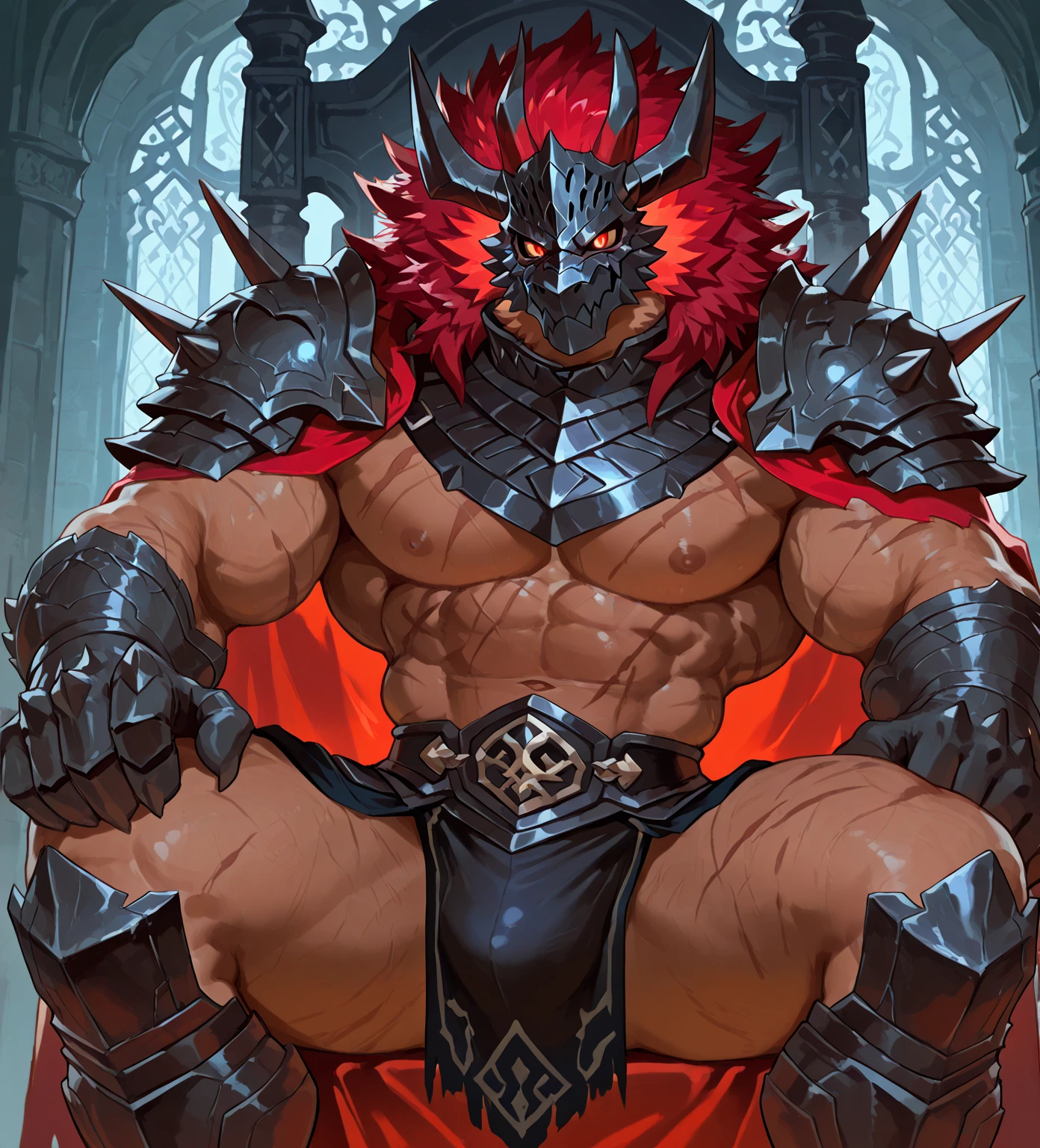solo, breath (ultra detailed), a beautiful and detailed full size portrait of a male anthro batzz, demon lord dragon batzz, dragon tail, green eyes, glowing eyes, black body, black skin, long hair, red hair, horns, scar, tail, Tall, massive, gigantic, mature, muscular, chunky, thick, heavyset, brawny arms, wide waist, thick torso, wide torso, thicc, bedroom eyes, detailed eyes, big body, sexy body, big pecs, (wide body, big body). goddess, kenket, Ross Tran,ruan jia, trending on artstation,foxovh, cenematic lighting, buff, big pecs, muscular anthro, spike arms, strong legs, front view, sitting on ruins, ((big pecs, nipples, big pecs), day, penis ((big penis, big penis, large penis, large penis, long penis, long penis, flaccid)), ((angry, blush, covering body, open mouth, stone room, dark hallway, night, stone wall))
