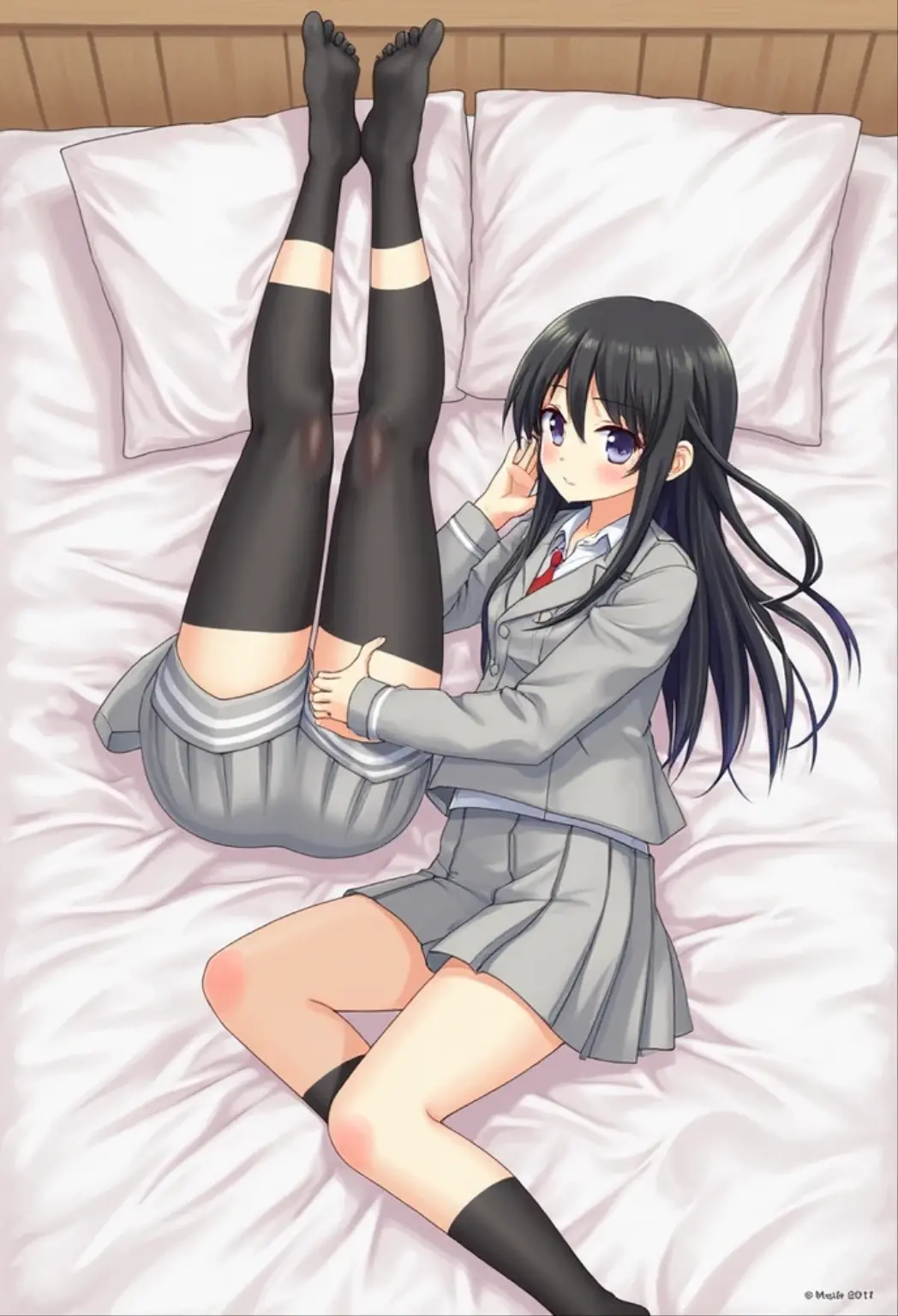 school blazer, plaid skirt, hair clip, necktie, black hair, blue eyes, heart mark, beauty, sex, naive, small breasts, cute, erotic voice, cheerful girl, doggy sex, boyish, girl feel orgasm, lying on bed, happy, legs