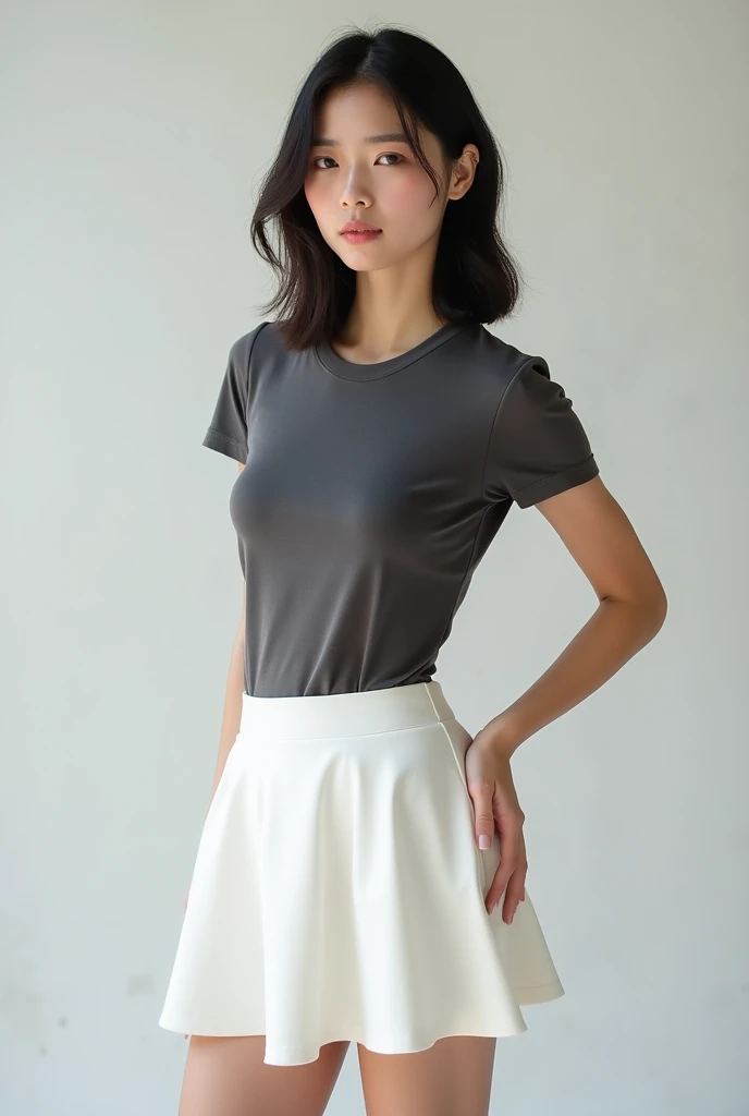 (highest quality, 8K, 32K, masterpiece, UHD:1.2),beautiful woman pictures, ((whole body)),Are standing,face focus, extra large size_white t-shirt,one person,morning,nature,healthy,stylish,Good posture,sporty,simple room,Fashion Model,50-year-old Japanese woman with age-appropriate wrinkles, natural makeup, and flat chest, smile, (Wrinkles:1.4) at the corners of the eyes, laugh lines, wrinkled skin, full body,