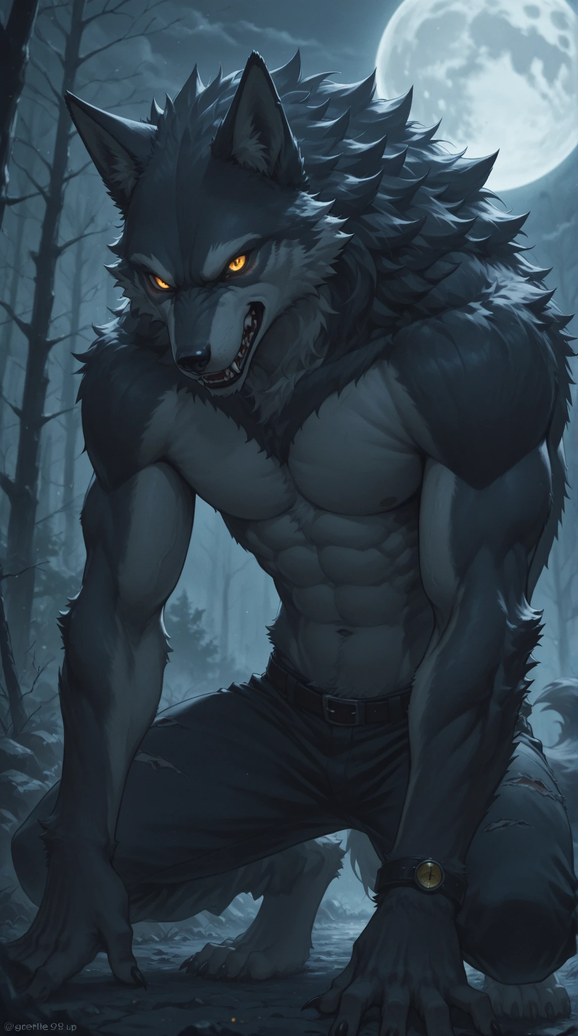 Solo, male, by darkgem, by chunie, ((werewolf)), forest, night, dramatic lighting, purppe lighting, steam, fog, smirking, rape face, looking at viewer, balls, penis, nude