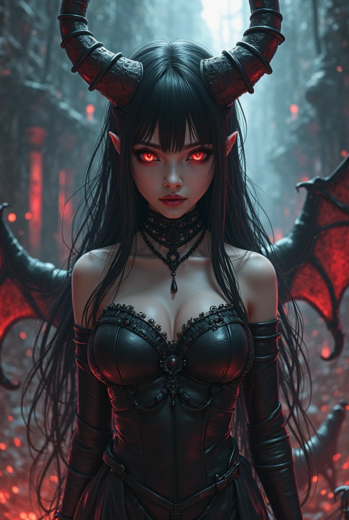 Beautiful portrait of perfect ((demonic girl)), slender body, big breasts, shapeless long hair, small horns, (wearing revealing sheer dress), perfect features, abstract beauty, near perfection, pure form, dynamic pose, (ethereal fiery demonic background), (deep dark shadows), (strong cinematic lighting), concept art by Greg Rutkowski and John William Waterhouse and Alphonse Mucha, stunning details, intricate details, 8k post-production, High resolution, super details, trending on ArtStation, sharp focus, depth of field f/1.8, studio photos, (((looking at camera))).