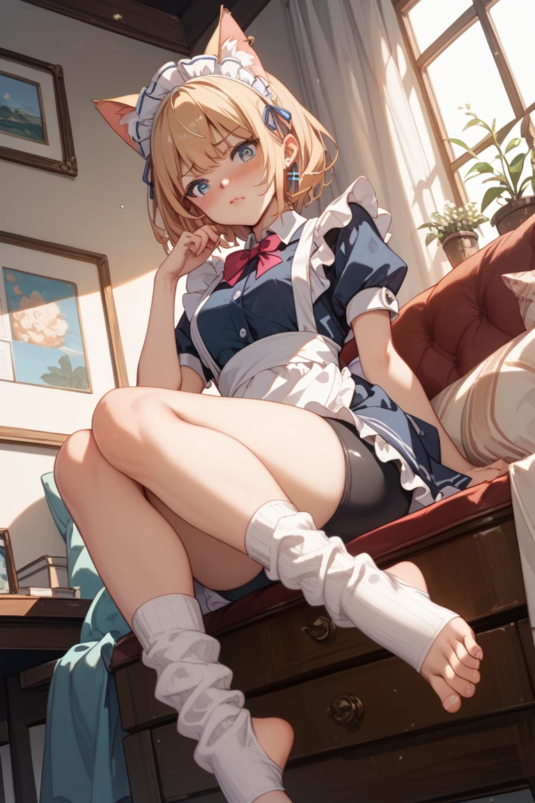 1 girl, alone, Bob cut blonde hair, maid, , smile, Open your mouth and laugh, leaning forward, raise your feet outside, attractive pose, feet, feet stamps, feet stamps, feet stamps background、(Cat ear)、blue print panties、vivid 8k,daytime bench