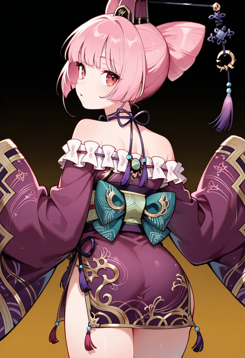 (masterpiece:1.3), (Best Quality:1.3), (Ultra-detailed:1.2), ((kawaii)), Cute, (lovely), ((sexy)), ((Extremely detailed)), 4K, (8K), Best Quality, (Beautiful), Illustration, anime style, (bold line:1.2), Gradation, //, standing, (contrapposto:1.2), //, a cute girl, 1girl, 16yo, (solo:1.2), //, large breasts, (Perfect eyes:1.2), (Perfect iris:1.2), //, Bob cut hair style, Bright peach hair color, (beautiful eyes) //, (half closed eyes:1.4), (sexual expression:1.2), Fascinated expression, (cool:1.2), (blush:1.2), //, (kimono-based), Emphasizing cleavage, Skirt short enough to see pantier, //, (Single color (pink) based cute zentangle heart pattern background:1.3), zentangle background, (abstract background art)