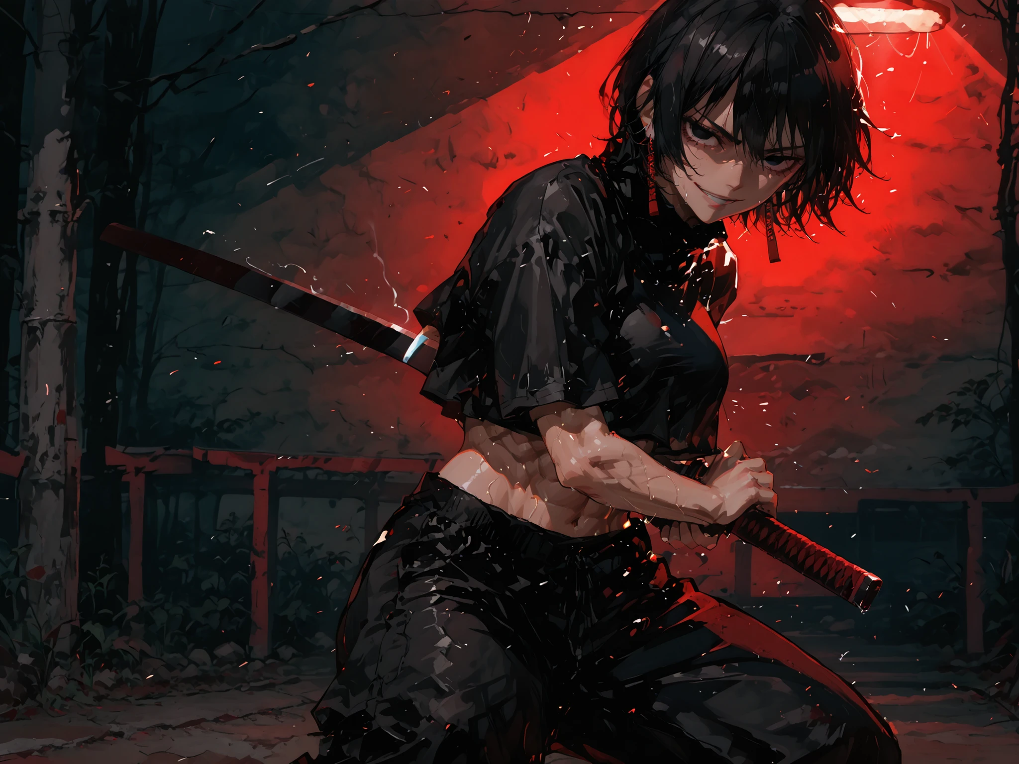1girl, kagari hiyuki (kagurabachi), black hair, short hair, black eyes, big eyes, evil grin, long red earrings, black turtleneck, crop top overhang, black trousers, muscular, abs, cinematic angle, cinematic pose, fighting stance, (perfect hands:1.0),(masterpiece:1.3), (aesthetic lighting:1.3), holding massive sword, black executioner sword, battoujutsu stance