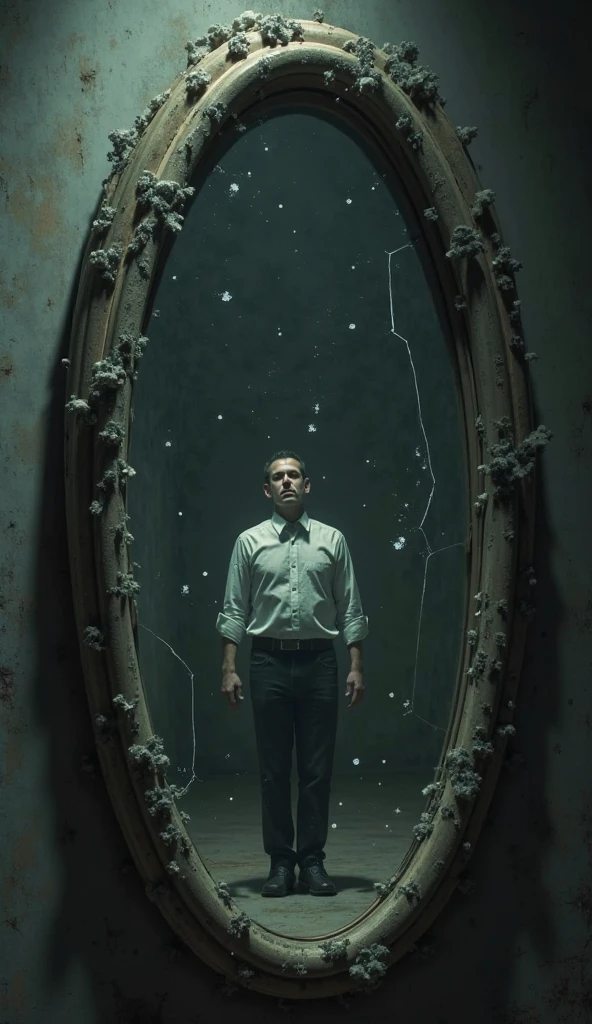 A man standing in front of broken mirror who got cheated from his brother