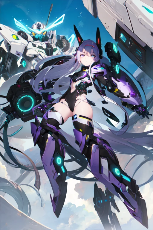 Full body close-up of a woman in futuristic costume, Biomechanical , Female Mecha, Girl wearing mecha cyber armor, full body zenkai! Asuka Suit, completely robot!! Cat girl, full body Mech Suit, Mech Suit, BoobsCyberpunk, A mix of anime robots and organic matter, Thick and smooth Warframe thighs