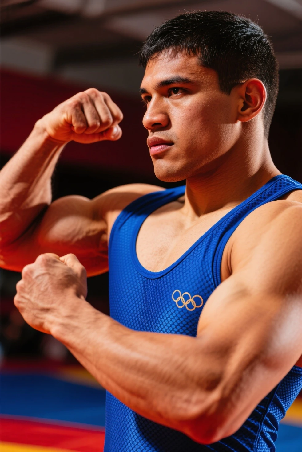 Best image quality, Ultra-high resolution,Long legs,photograph,1 male,Blue wrestling singlet,Black long tights,White long socks,Falling