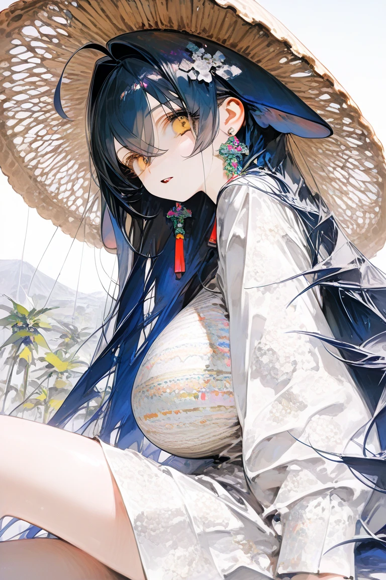 1girll, Yellow eyes, Long hair, White hair, Sitting, red kimono, Large breasts, Topless, Light smile, arms back behind, Nature, hair adornments, Animal ears, , water,