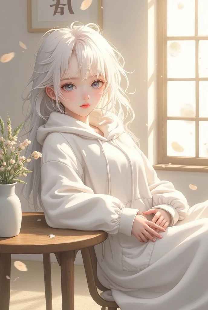 Artistic illustration: Relaxed character and white cat　A bright room with glass on all sides　174Hz