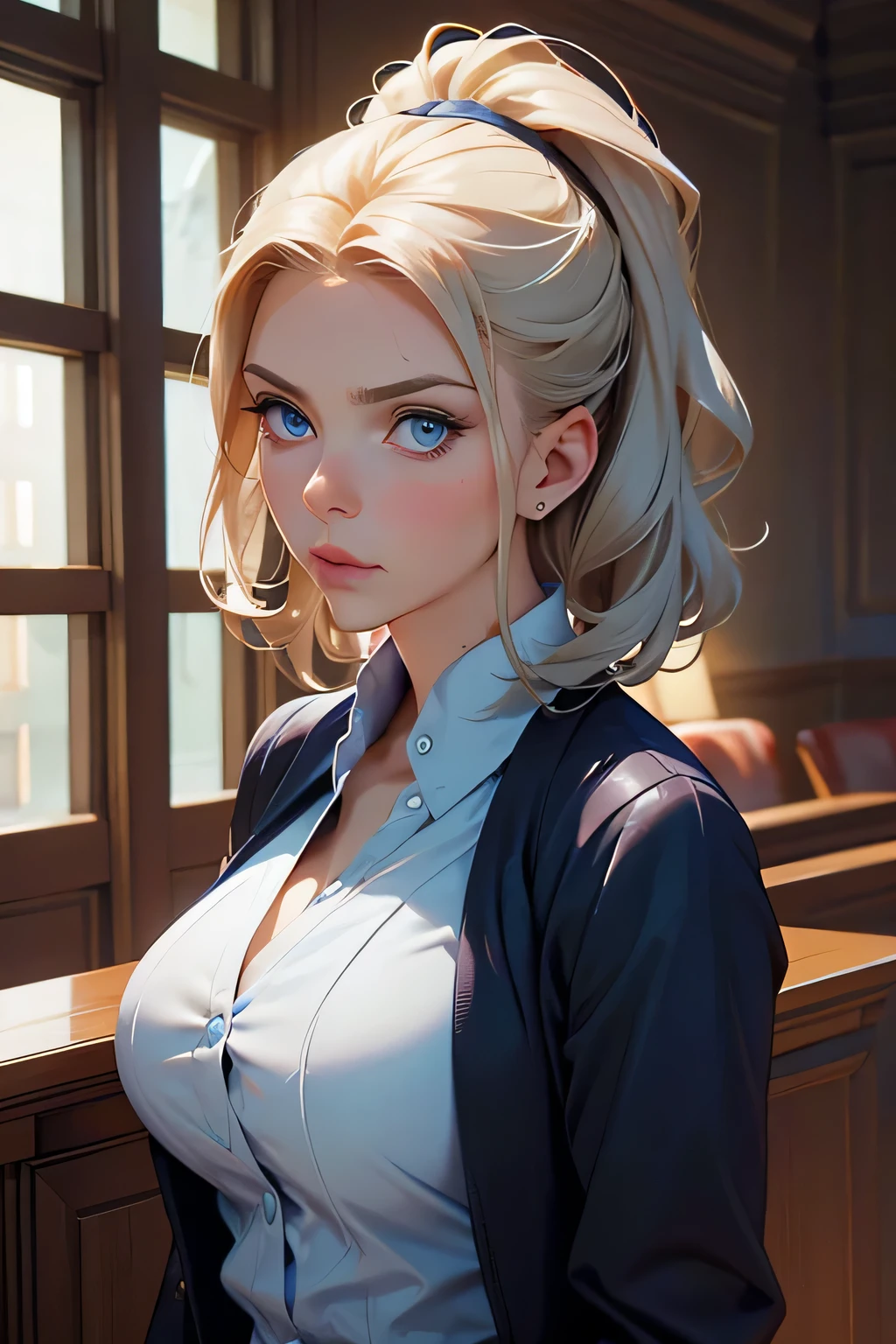 ((((masterpiece, best quality, high resolution)))), Extremely detailed 8K, Beautiful girl with slender body, (Ultra HD, Ultra-detailed, Highly detailed, Highly realistic, Ultra-realistic, photograph realistic), (1girl:1.5), (Realistic blonde hair with dark roots), short wavy hair, bob cut, (dynamic poses), facing at camera, light smile, (beautiful detailed face, beautiful detailed eyes), (white tank top, thin material), see through top, cleavage, dark jean shorts, glow, sweat, (sunbeam, sunlight), detailed makeup