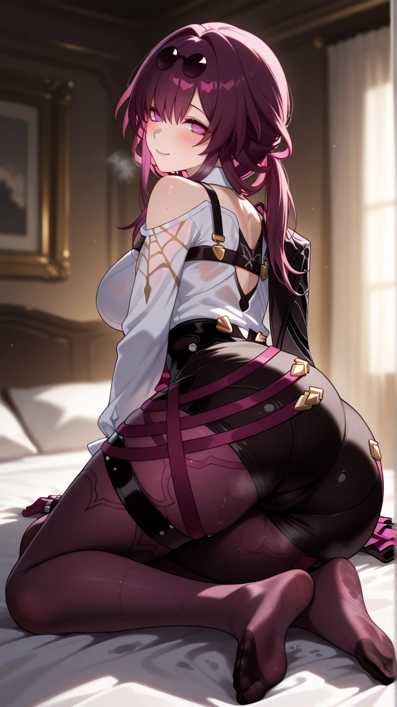 A beautiful evil lady leader with deep red eyes, wearing sexy panties, gazing condescendingly at the viewer with a cute grinning expression, extremely detailed and realistic, masterpiece quality, ultra-detailed, HDR, studio lighting, vivid colors, physically-based rendering, thick thighs, beautiful thighs, very strong wrestler, attractive big buttocks, wet body, steam, pink microdress, pink micro panties, pink micro skirt, (looking back over their shoulder)